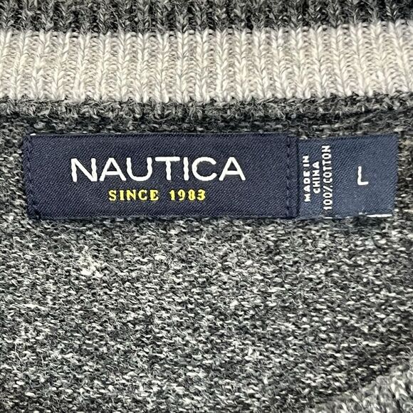 Nautica Mens Size L Gray Color Block Cotton Pullover Sweater - Picture 4 of 4